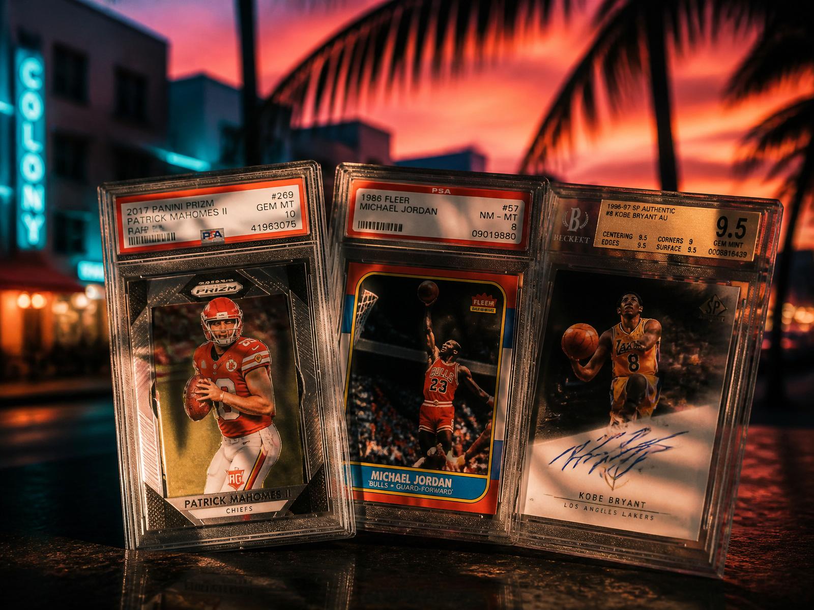 Vintage sports cards under South Florida sunset